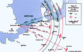 Зона действий истребителей P-38 «Лайтнинг» и P-51 «Мустанг».