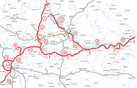 Схема Горьковского оборонительного рубежа и обводов вокруг Горького и Мурома. Цифрами обозначены номера Полевых строительств.